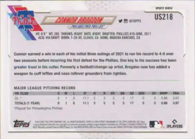 2021 Topps Update #US218 Connor Brogdon NM-MT RC Rookie Phillies - Baseball Card Single