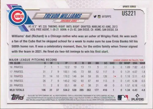 2021 Topps Update #US221 Trevor Williams NM-MT Cubs - Baseball Card Single