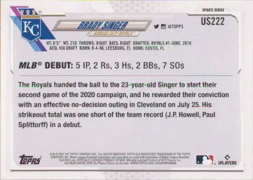2021 Topps Update Brady Singer rookie baseball card with original gloss featuring Royals