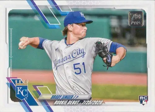 Brady Singer baseball card from 2021 Topps Update with original gloss Royals rookie debut