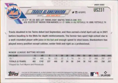 2021 Topps Update #US231 Travis Blankenhorn NM-MT RC Rookie Mets - Baseball Card Single