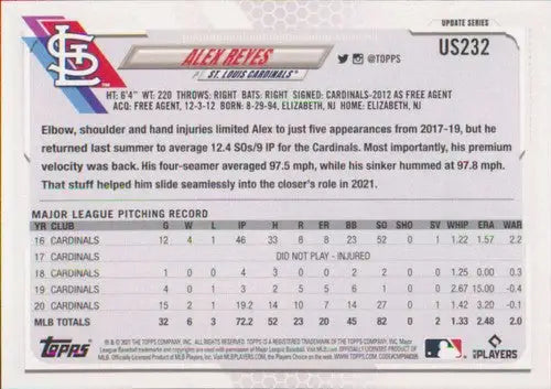 2021 Topps Update Alex Reyes baseball card with original gloss sports cards featuring Cardinals