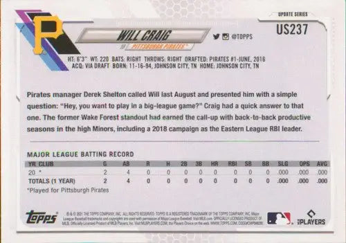 2021 Topps Update #US237 Will Craig NM-MT RC Rookie Pirates - Baseball Card Single