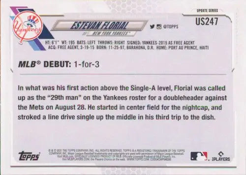 2021 Topps Update Estevan Florial baseball card featuring Yankees rookie debut with original gloss