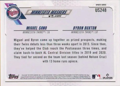 Baseball card from 2021 Topps Update featuring Byron Buxton and Miguel Sano Twins