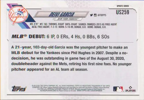 Baseball card back from 2021 Topps Update featuring Deivi Garcia Yankees rookie debut
