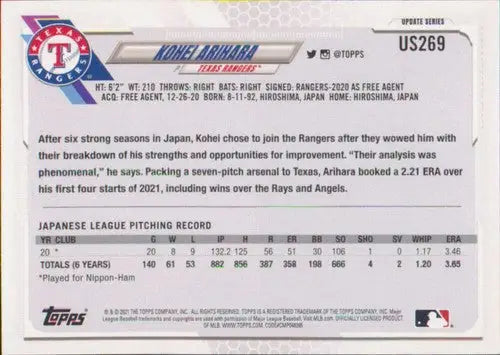 Baseball card back featuring 2021 Topps Update Kohei Arihara rookie card with original gloss