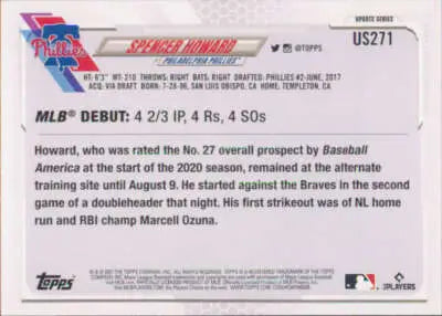 Spencer Howard baseball card from 2021 Topps Update US271 with original gloss and NM-MT grade
