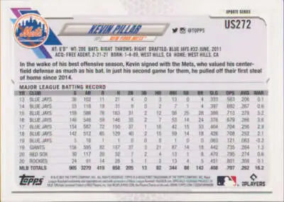 Baseball card back of 2021 Topps Update Kevin Pillar NM-MT Mets with original gloss