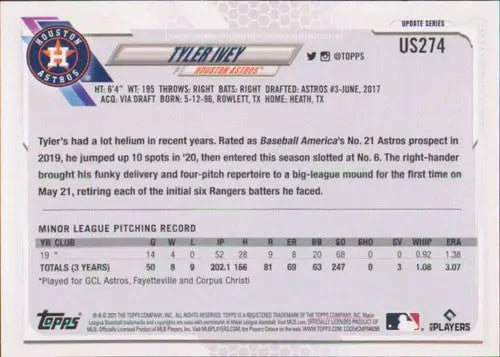 2021 Topps Update Tyler Ivey rookie baseball card with original gloss Astros NM-MT