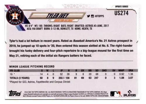 2021 Topps Update Tyler Ivey baseball card with original gloss, rookie Astros card