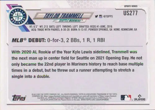 Taylor Trammell baseball card from 2021 Topps Update with original gloss and Mariners rookie