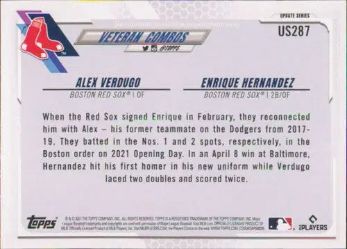 Baseball card back featuring 2021 Topps Update #US287 Alex Verdugo/Enrique Hernandez sports cards