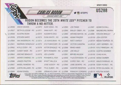 Baseball card back with original gloss for 2021 Topps Update Simply Sandoval Carlos Rodon NM-MT White Sox Season Highlight