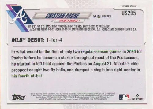 2021 Topps Update #US295 Cristian Pache NM-MT Braves Rookie Debut - Baseball Card Single