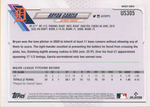 Bryan Garcia baseball card from 2021 Topps Update US305 with original gloss and rookie card