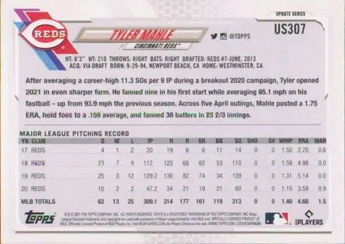 2021 Topps Update Tyler Mahle baseball card with original gloss, Reds player collectible