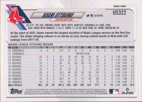2021 Topps Update #US322 Adam Ottavino NM-MT Red Sox - Baseball Card Single