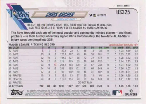 2021 Topps Update #US325 Chris Archer NM-MT Rays - Baseball Card Single
