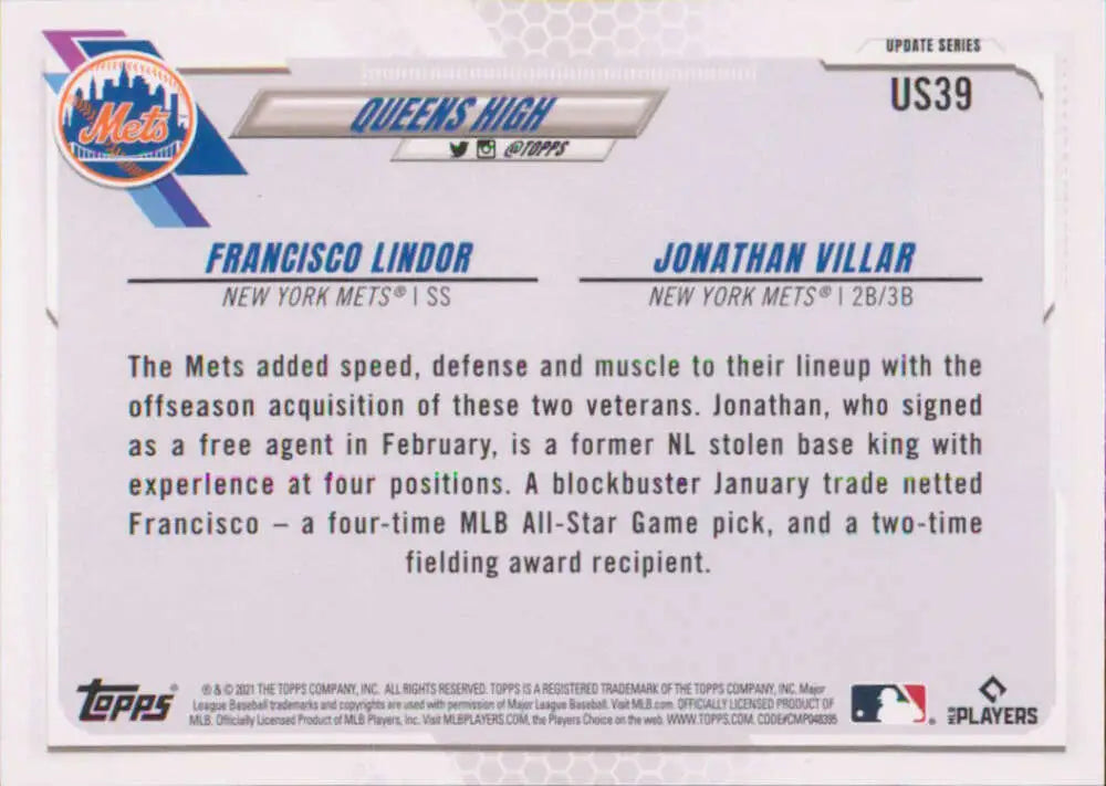 2021 Topps Update #US39 Francisco Lindor/Jonathan Villar NM-MT Mets - Baseball Card Single
