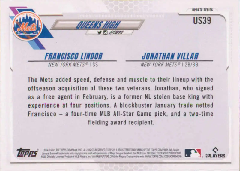 2021 Topps Update #US39 Francisco Lindor/Jonathan Villar NM-MT Mets - Baseball Card Single