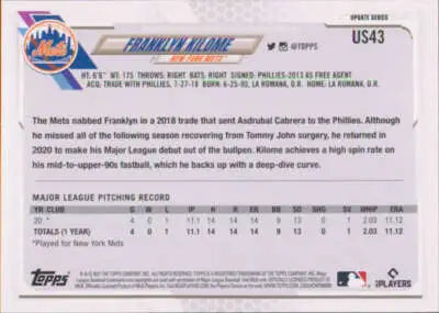 2021 Topps Update #US43 Franklyn Kilome NM-MT RC Rookie Mets - Baseball Card Single