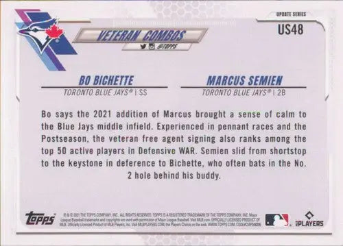 2021 Topps Update #US48 Marcus Semien/Bo Bichette NM-MT Blue Jays - Baseball Card Single