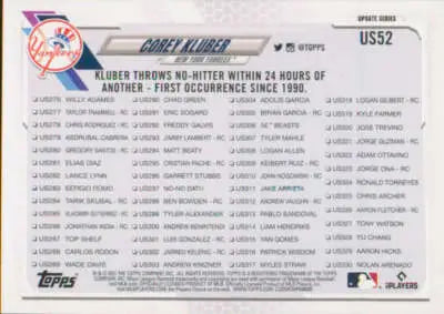 2021 Topps Update #US52 Corey Kluber NM-MT Yankees Season Highlight - Baseball Card Single