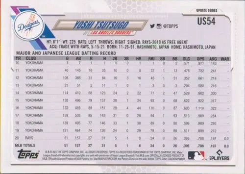 2021 Topps Update #US54 Yoshi Tsutsugo NM-MT Dodgers - Baseball Card Single