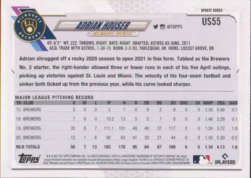 2021 Topps Update Adrian Houser baseball card with original gloss and Brewers design
