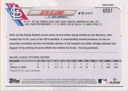 2021 Topps Update Seth Elledge baseball card featuring original gloss rookie card