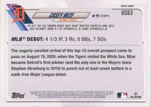 2021 Topps Update #US63 Casey Mize NM-MT Tigers Rookie Debut - Baseball Card Single