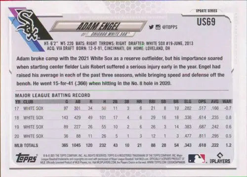 Adam Engel baseball card from 2021 Topps Update series showcasing original gloss and White Sox detail