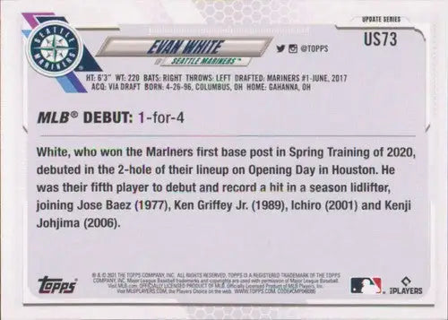 Evan White baseball card from 2021 Topps Update with original gloss Mariners Rookie Debut