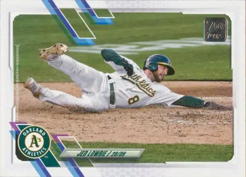 Baseball card featuring Jed Lowrie sliding from 2021 Topps Update Simply Sandoval series