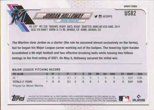 Jordan Holloway baseball card from 2021 Topps Update with original gloss and rookie status