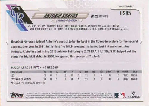 Antonio Santos baseball card, 2021 Topps Update RC Rockies, original gloss cards typically sell
