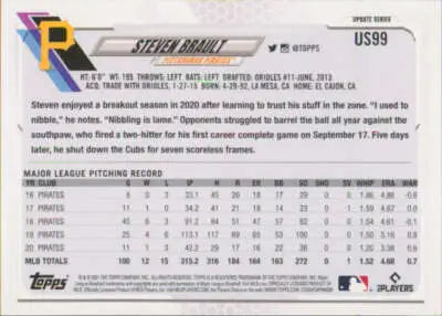 2021 Topps Update baseball card back with original gloss featuring Steven Brault Pirates