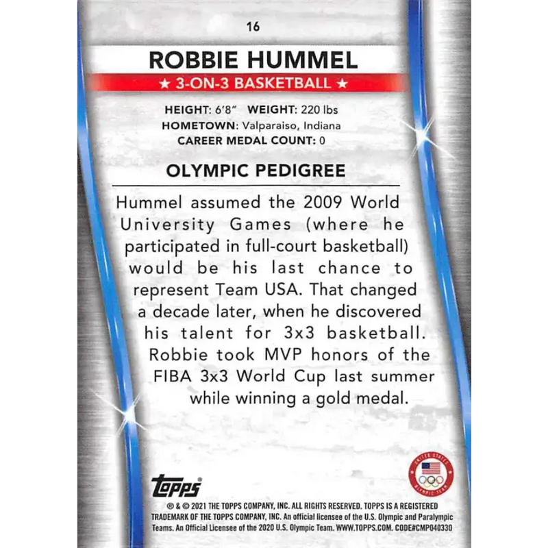 2021 Topps US Olympics and Paralympics Team Hopefuls NM-MT #16 Robbie Hummel 3-on-3 Basketball Card - Basketball Card