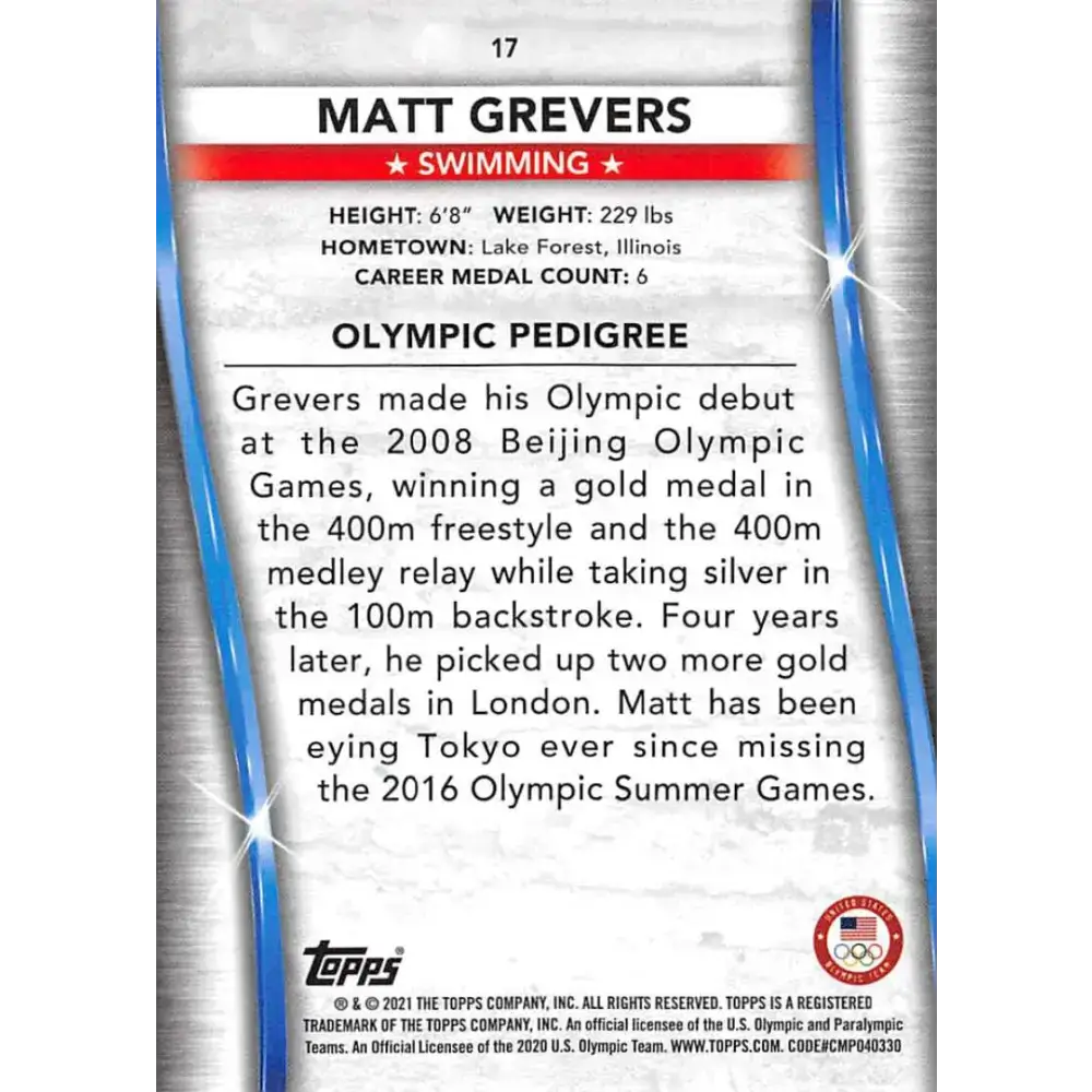 2021 Topps US Olympics and Paralympics Team Hopefuls NM-MT #17 Matt Grevers Swimming Card - Sports Memorabilia