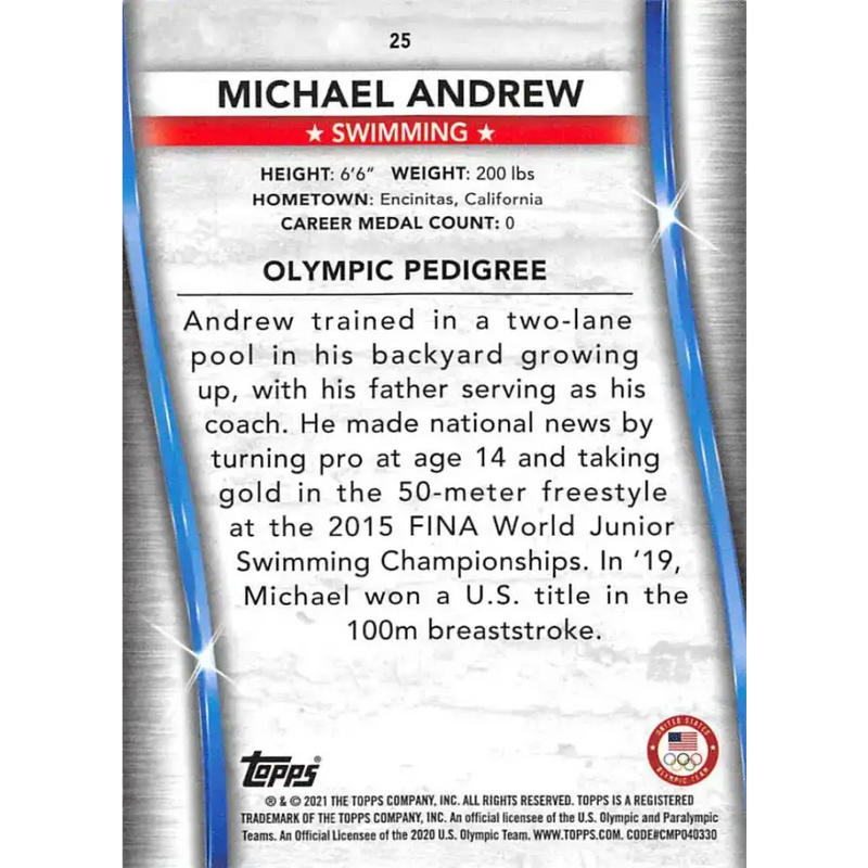 2021 Topps US Olympics and Paralympics Team Hopefuls NM-MT #25 Michael Andrew Swimming Card - Sports Memorabilia