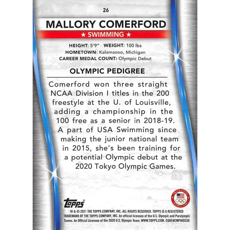 2021 Topps US Olympics and Paralympics Team Hopefuls NM-MT #26 Mallory Comerford Swimming Card - Other