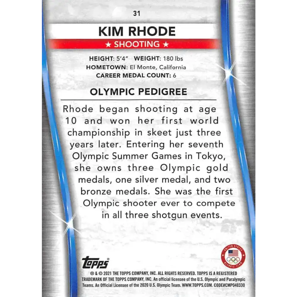 2021 Topps US Olympics and Paralympics Team Hopefuls NM-MT #31 Kim Rhode Shooting Card - Other
