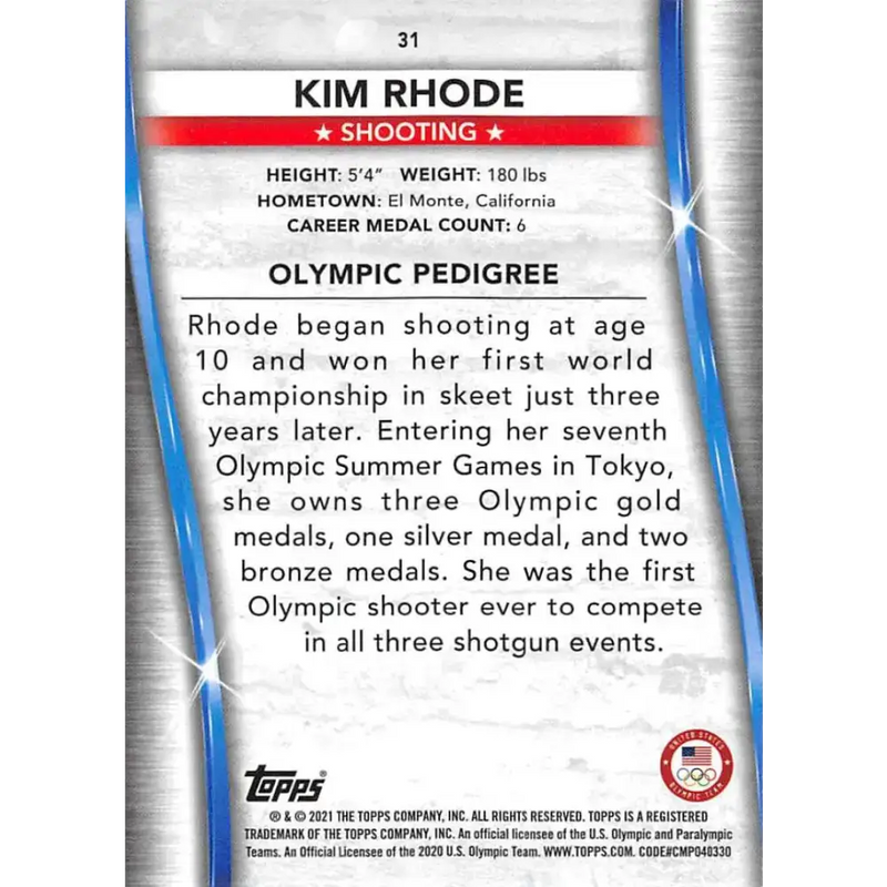 2021 Topps US Olympics and Paralympics Team Hopefuls NM-MT #31 Kim Rhode Shooting Card - Other