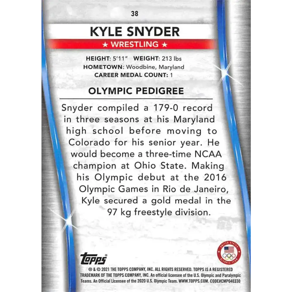 2021 Topps US Olympics and Paralympics Team Hopefuls NM-MT #38 Kyle Snyder Wrestling Card - Wrestling Card Single