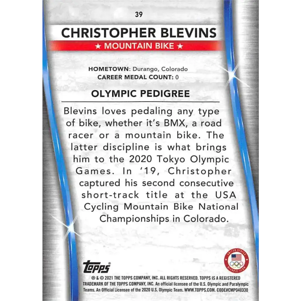 2021 Topps US Olympics and Paralympics Team Hopefuls NM-MT #39 Christopher Blevins Mountain Bike Card - Racing Card