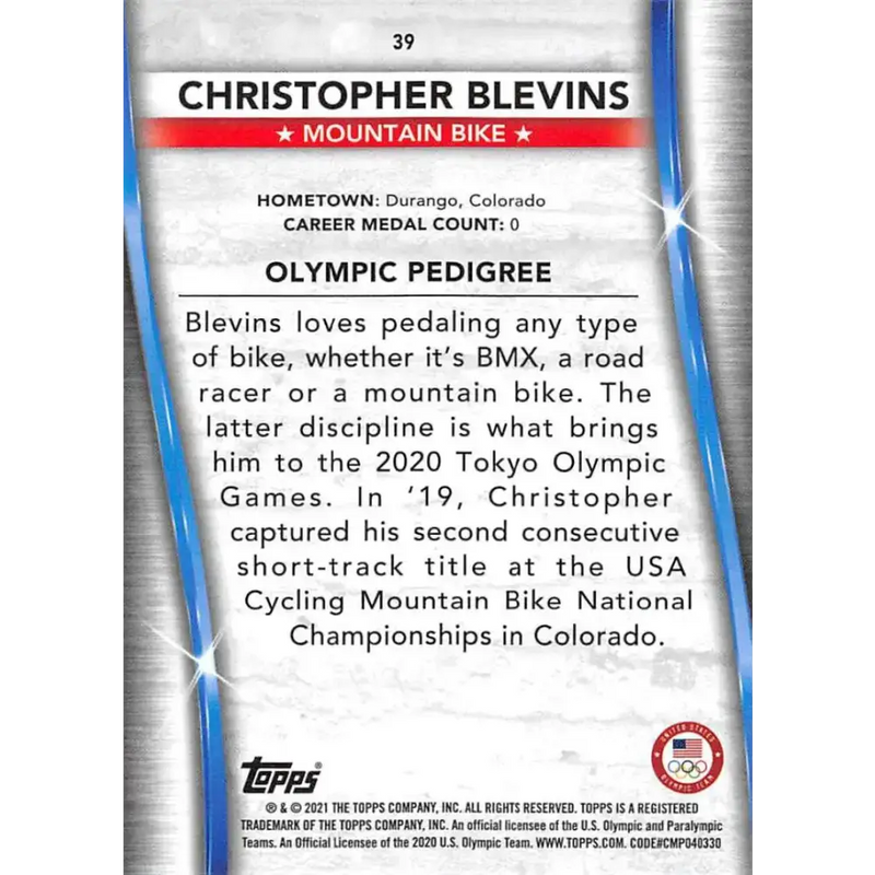 2021 Topps US Olympics and Paralympics Team Hopefuls NM-MT #39 Christopher Blevins Mountain Bike Card - Racing Card