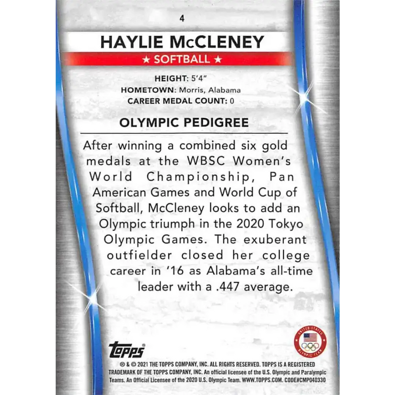 2021 Topps US Olympics and Paralympics Team Hopefuls NM-MT #4 Haylie McCleney Softball Card - Baseball Card Single