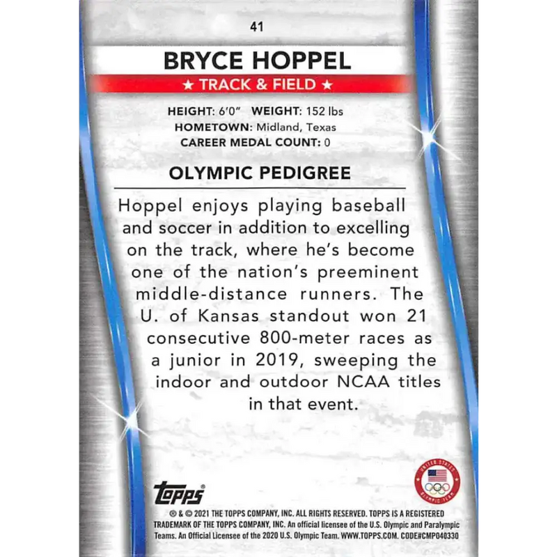 2021 Topps US Olympics and Paralympics Team Hopefuls NM-MT #41 Bryce Hoppel Track & Field Card - Sports Memorabilia