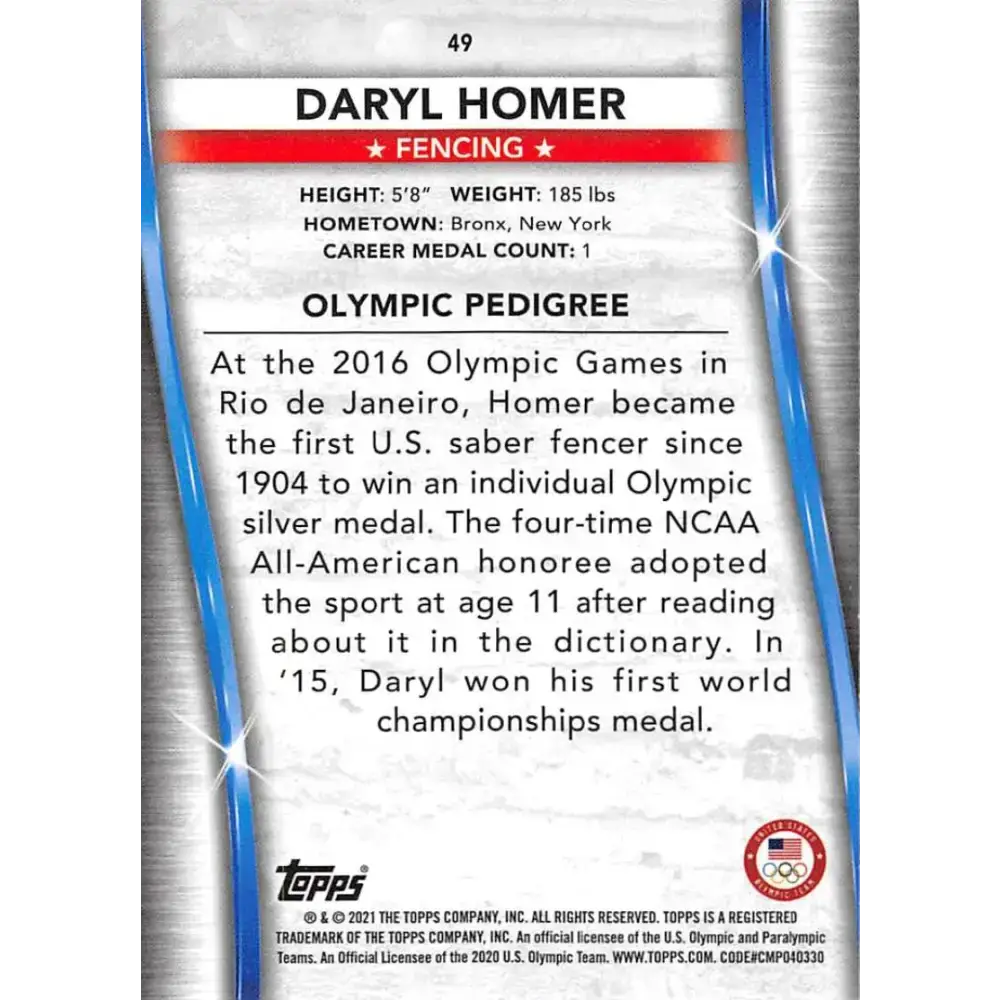 2021 Topps US Olympics and Paralympics Team Hopefuls NM-MT #49 Daryl Homer Fencing Card - Sports Memorabilia